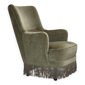 Fauteuil danois à dossier haut, années 1970, en velours vert.