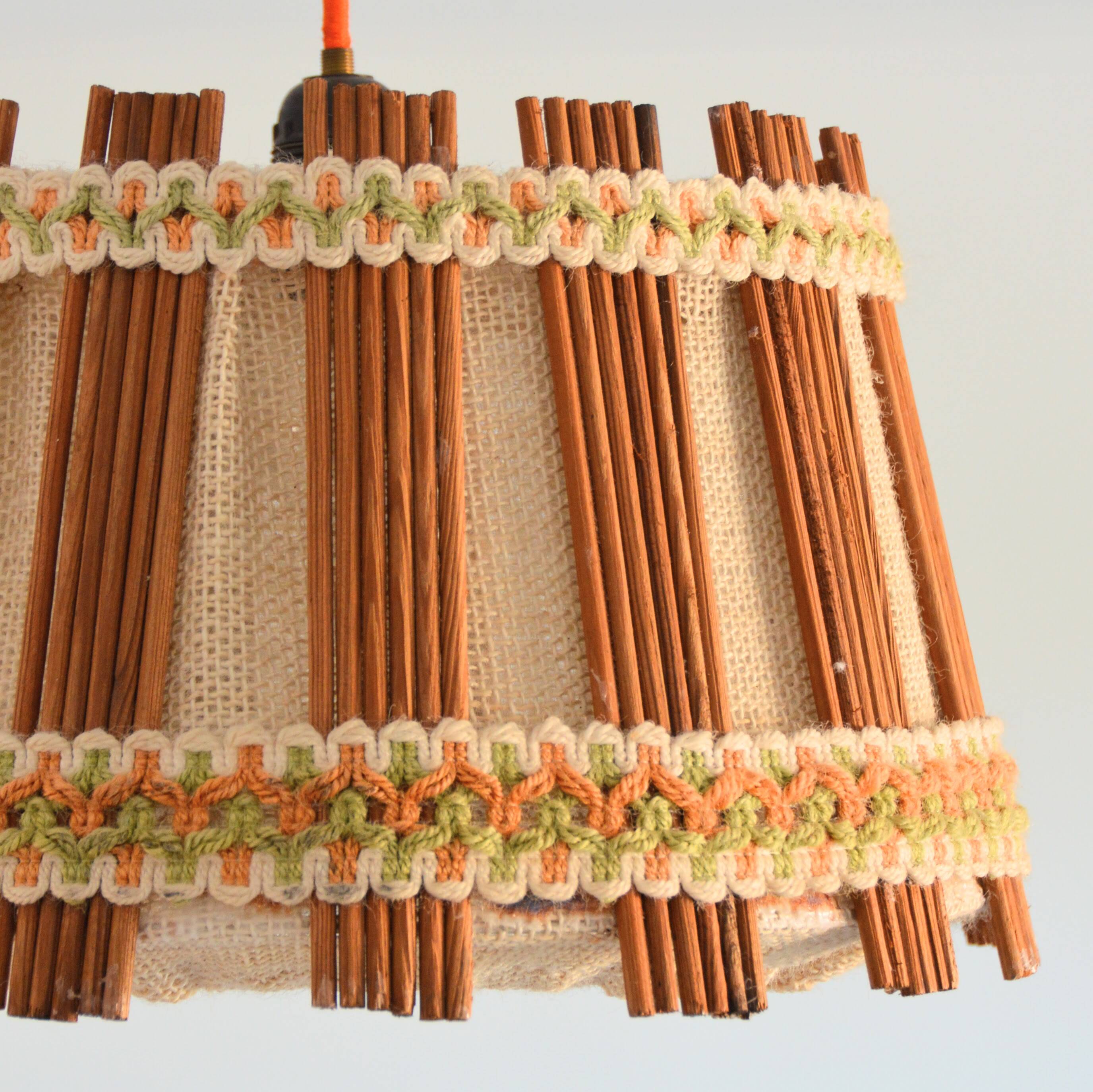 Vintage 1970s burlap and wood pendant light