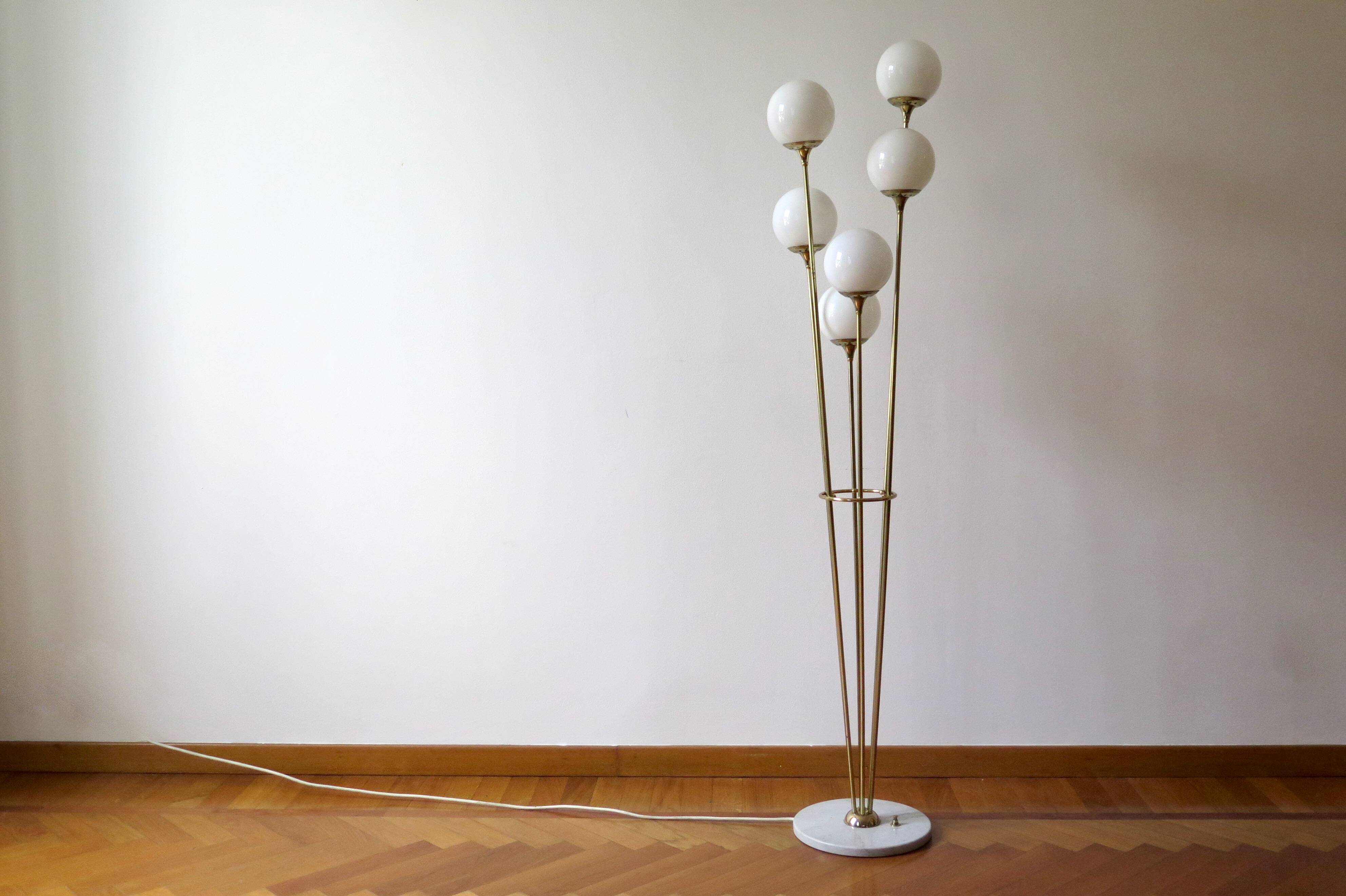 Italian Floor Lamp In Brass, Carrara and Opaline