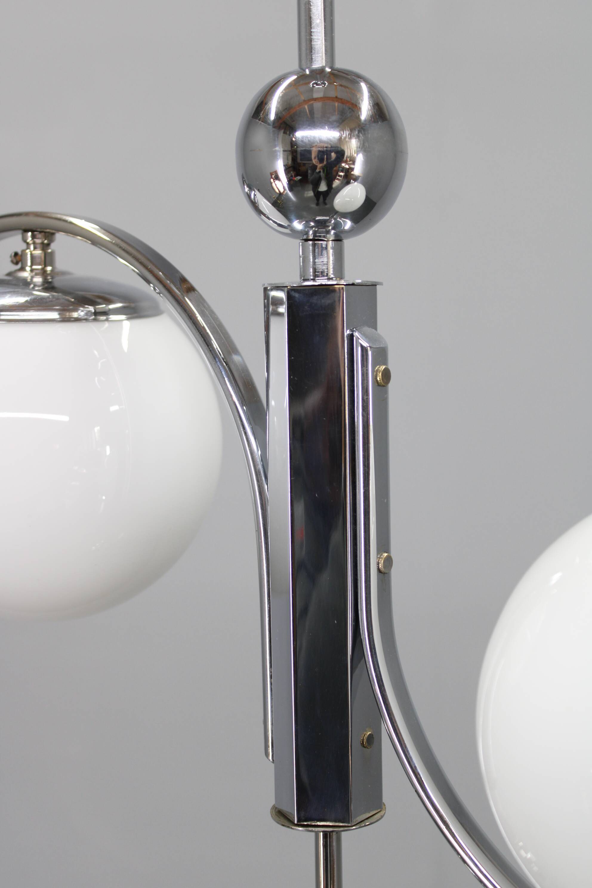 Czechoslovak Art Deco chrome chandelier with opaline glass, 1930s