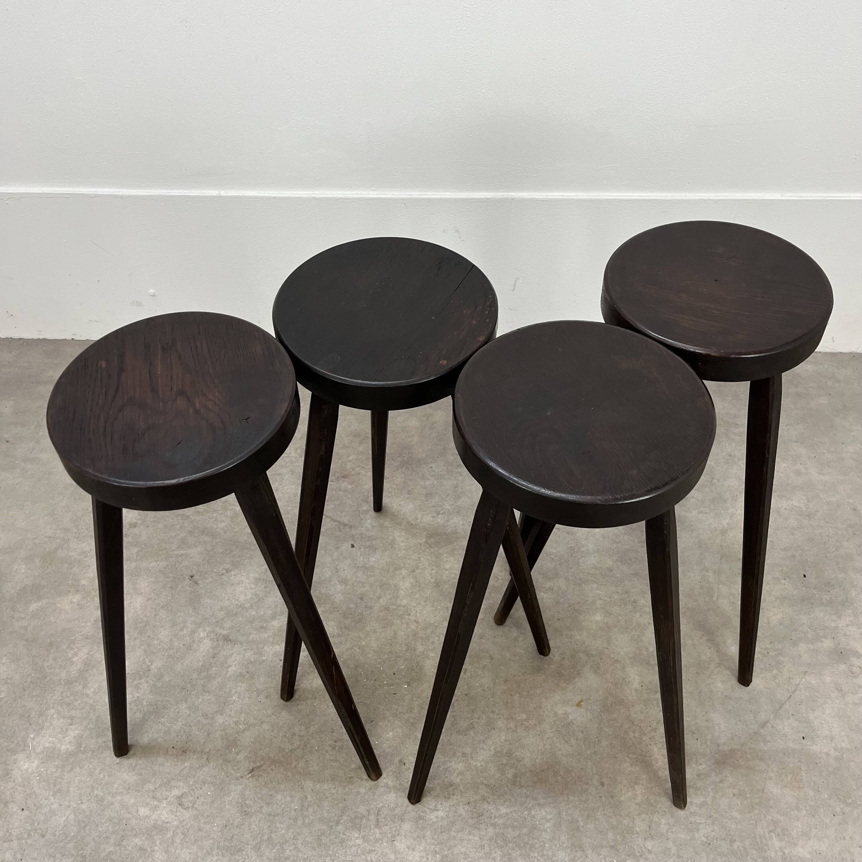 4 brutalist tripod bar stools, solid wood, 1950s