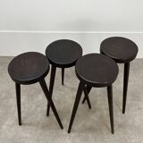 4 brutalist tripod bar stools, solid wood, 1950s