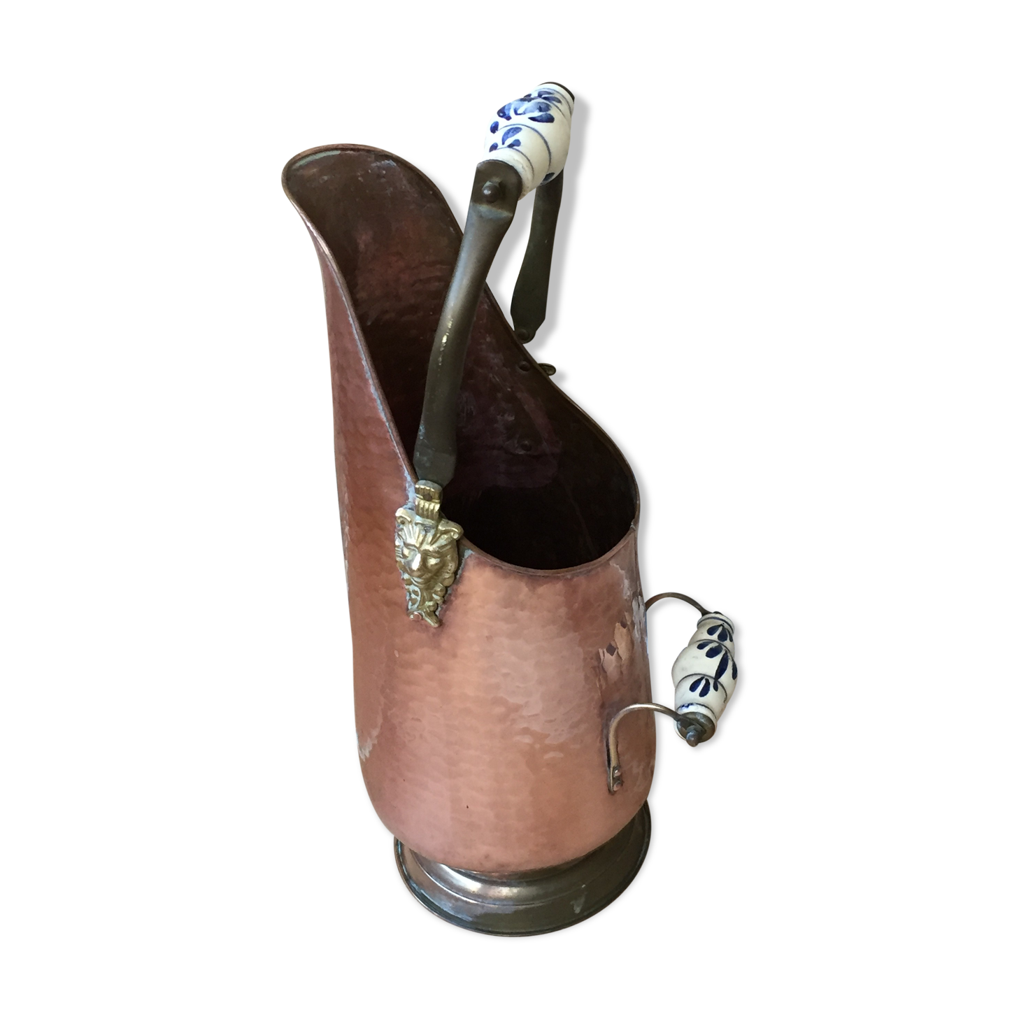 Pink hammered copper coal bucket and porcelain handles