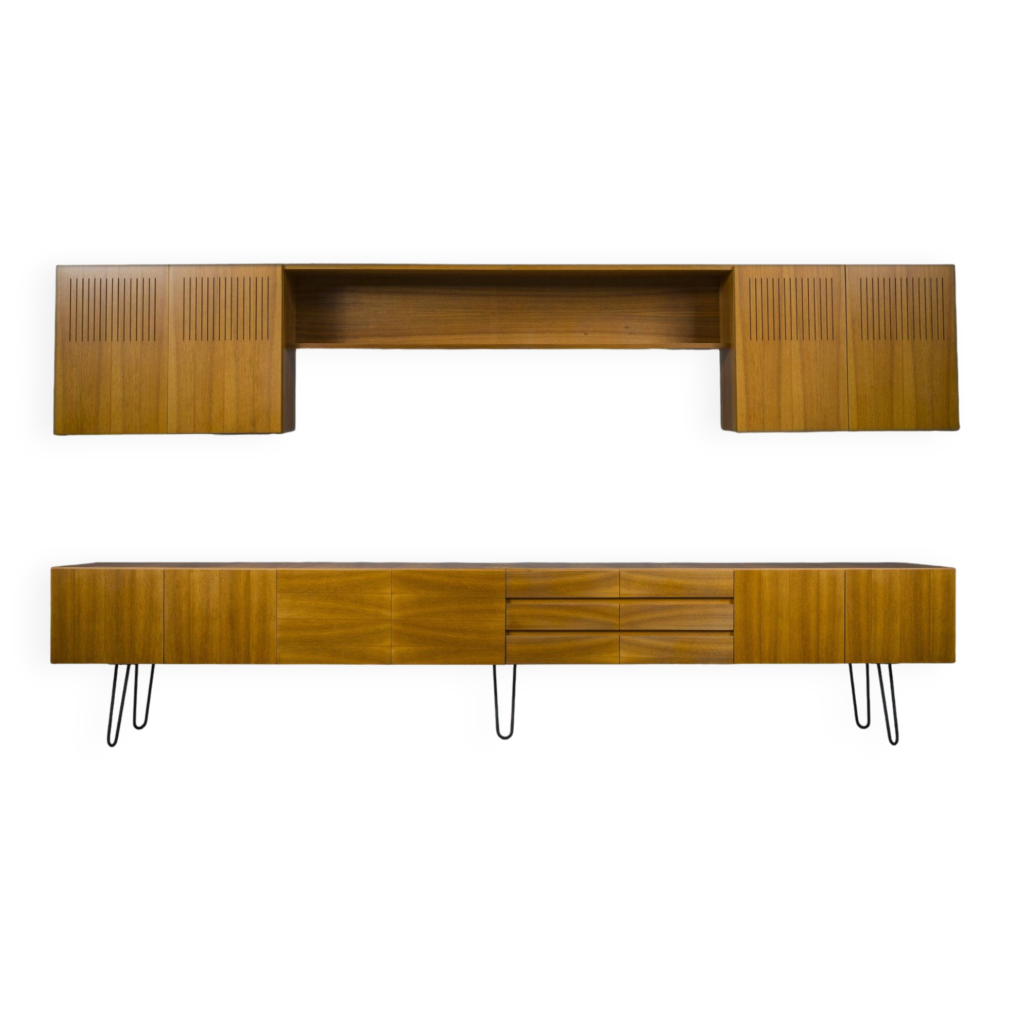 Mid-Century Wall Unit Cabinet and Sideboard in Walunt, 1970s, Set of 2