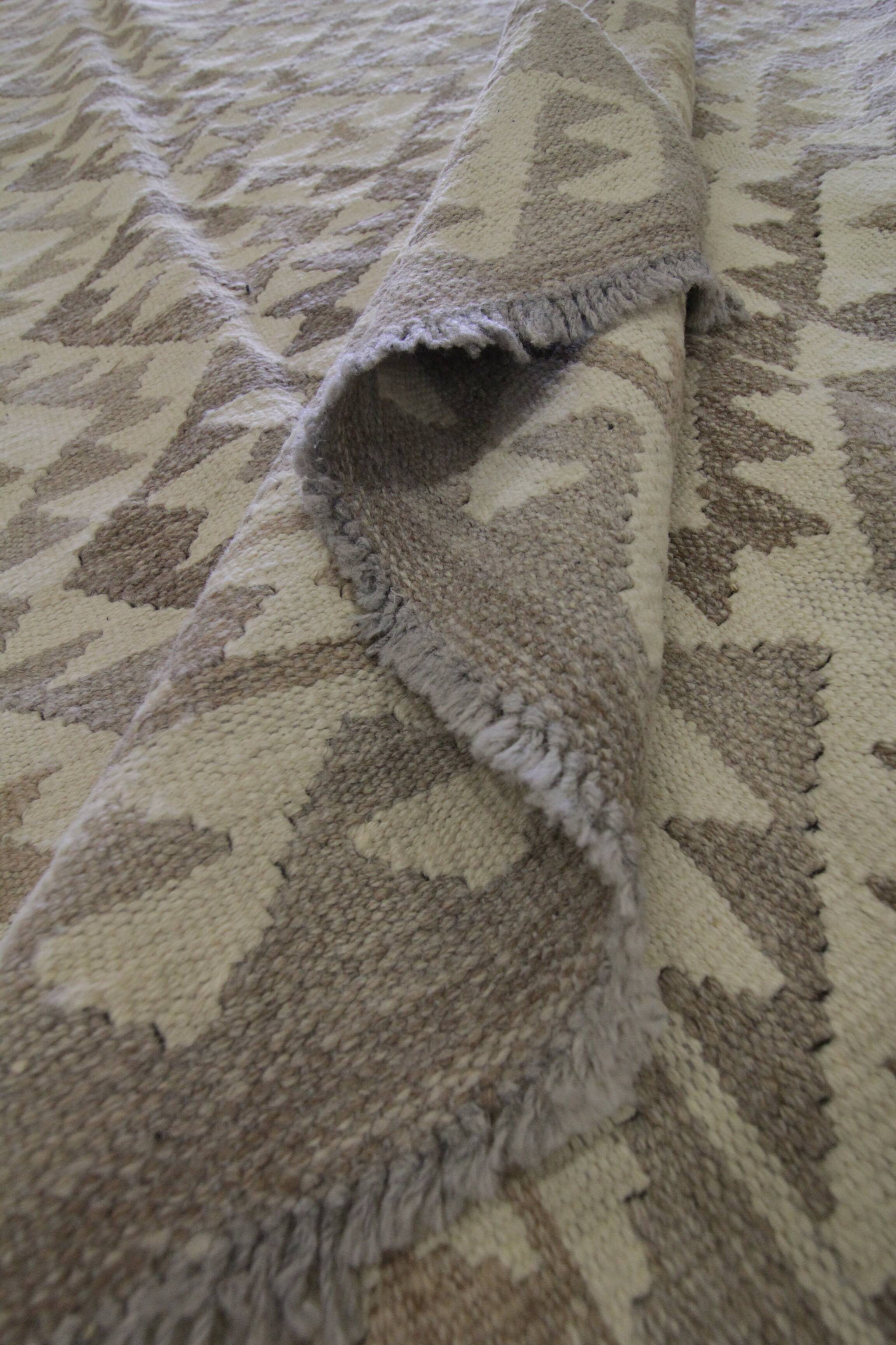Tapis Kilim kaki-brun, laine afghane tissée à plat, tapis tribal géométrique fait main