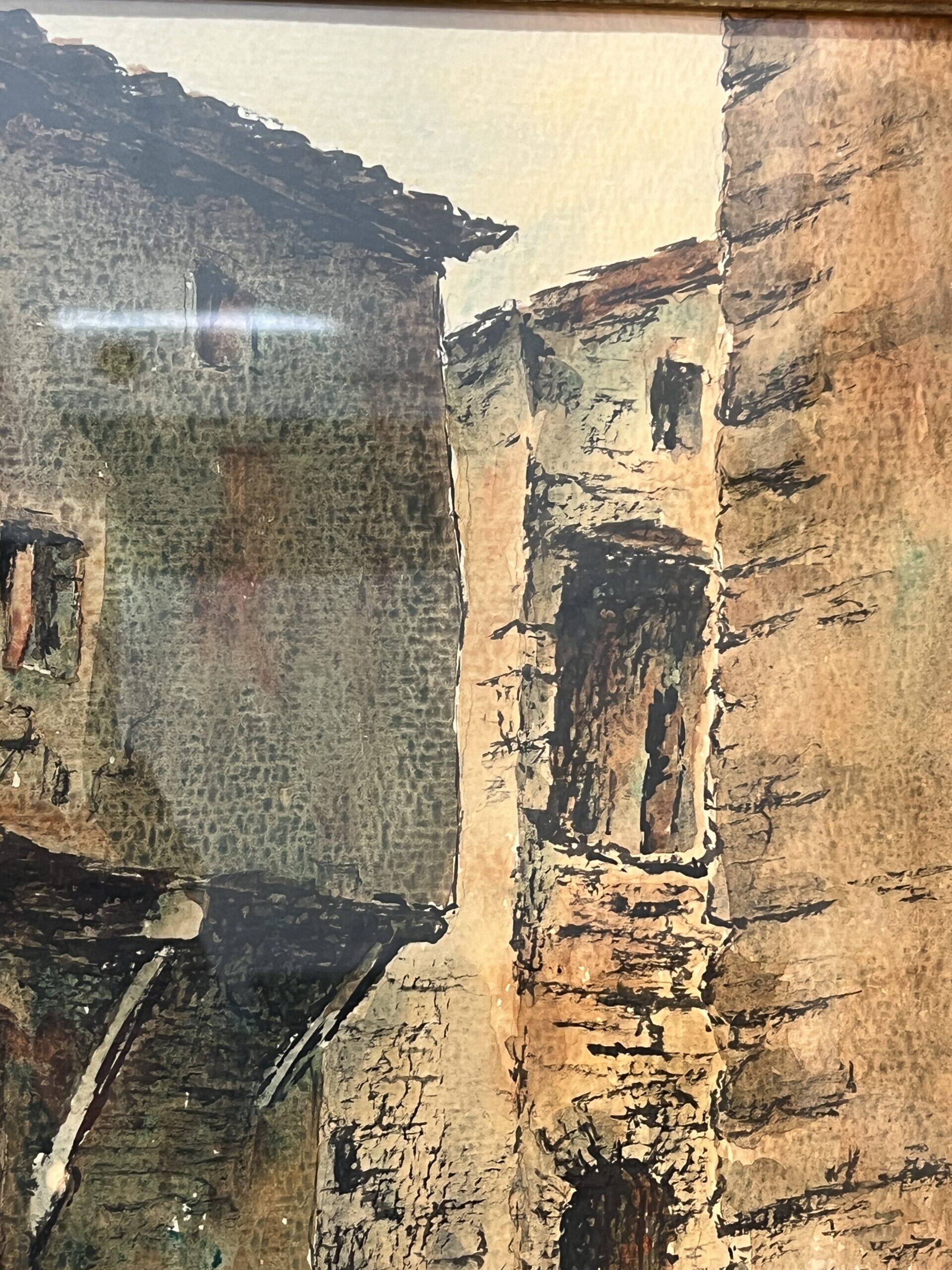 Watercolor by Emile Gudin (1874-1957), rue de Riez, southern town