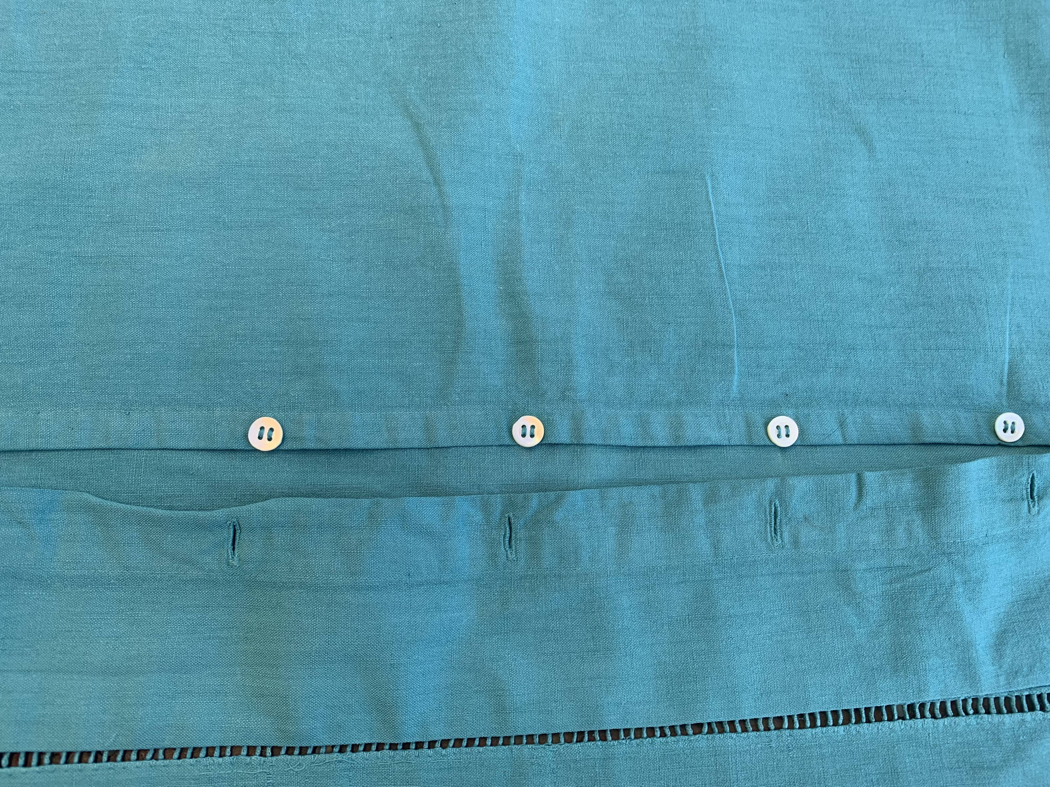 Large pillowcase, cotton linen, emerald blue tinted, border with openings, old