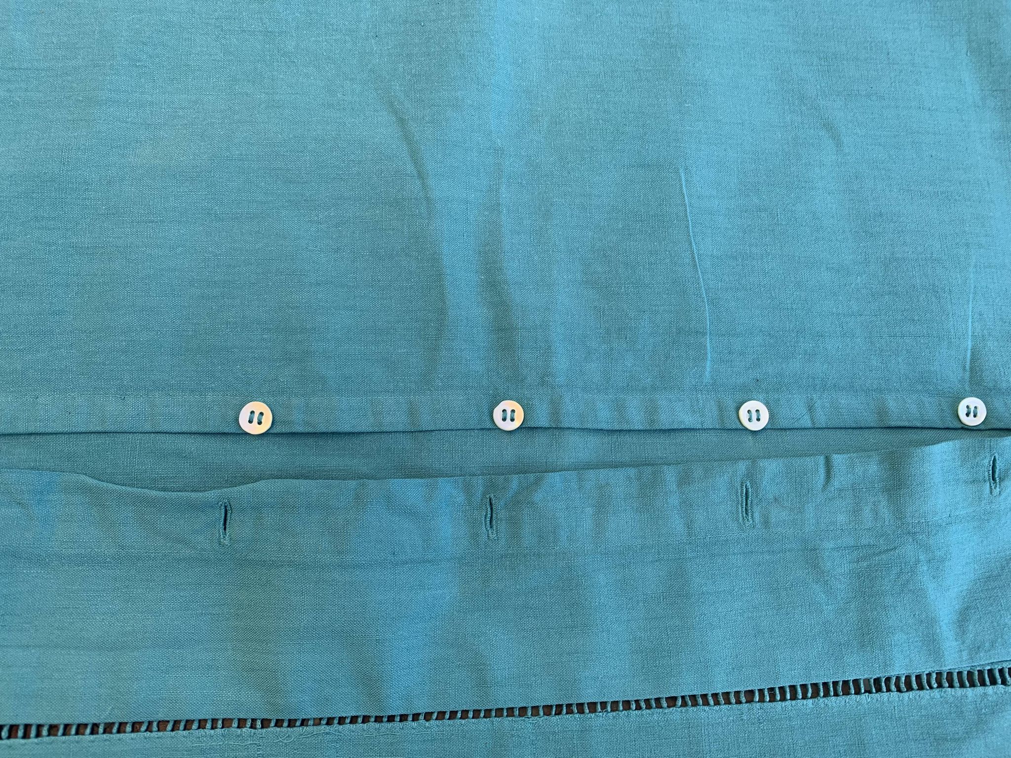 Large pillowcase, cotton linen, emerald blue tinted, border with openings, old