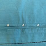 Large pillowcase, cotton linen, emerald blue tinted, border with openings, old