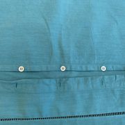 Large pillowcase, cotton linen, emerald blue tinted, border with openings, old