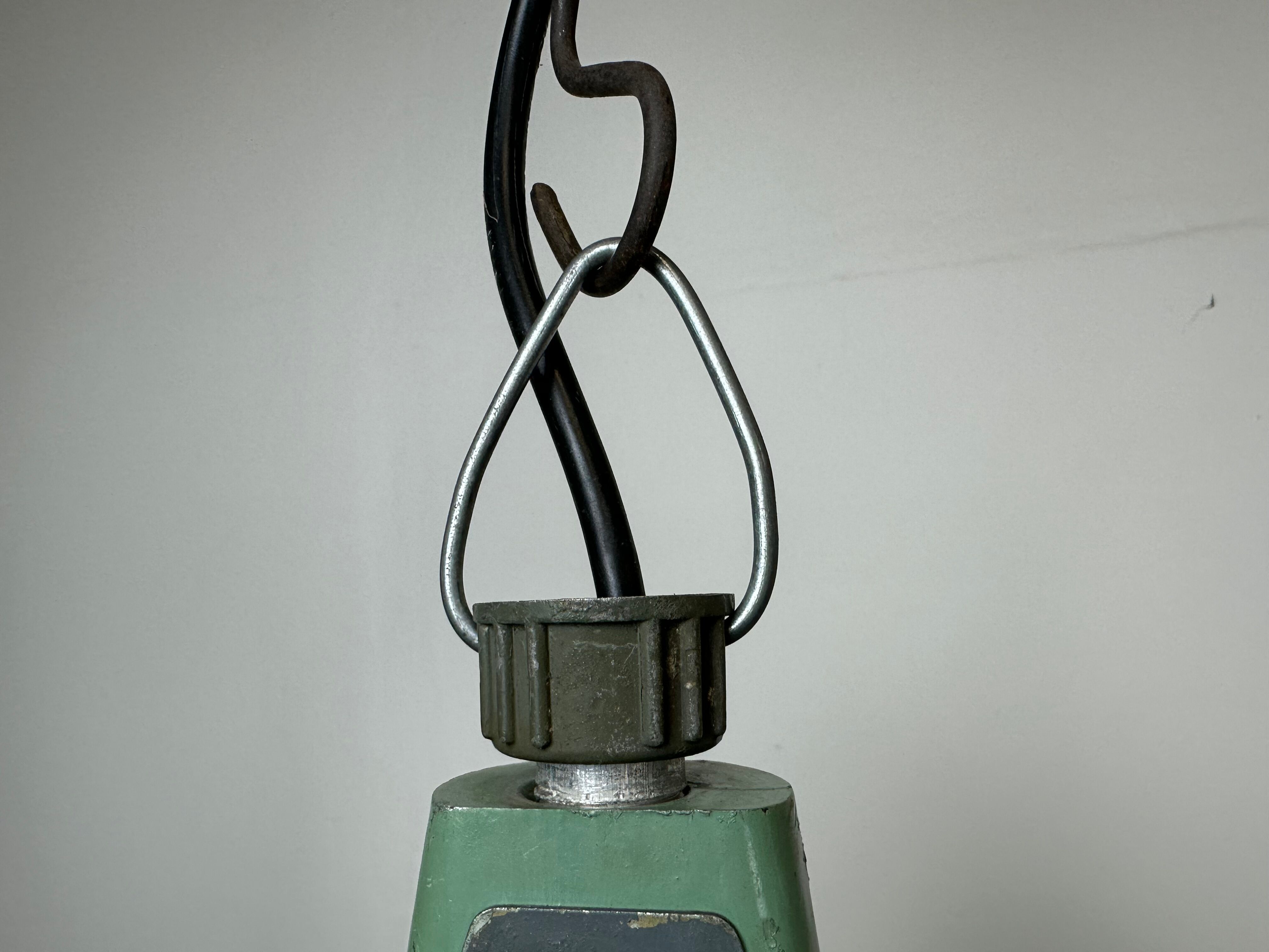 Industrial soviet green enamel pendant light with glass cover, 1960s