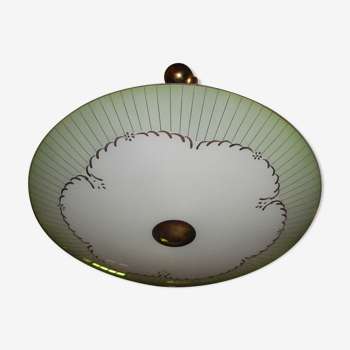 Art deco suspension of the 40s, brass and metal, with large opaline washbasin