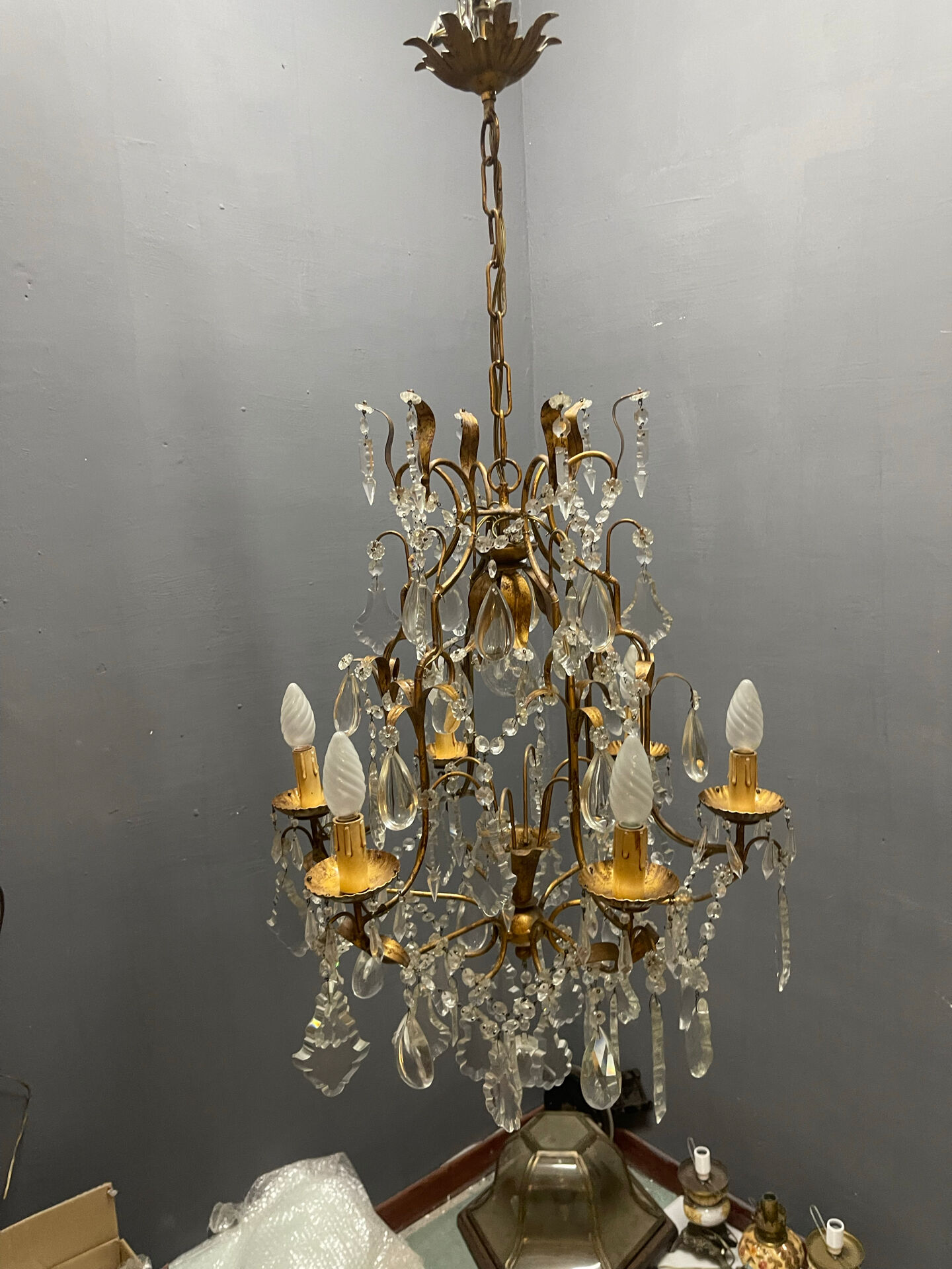 Large Gilded Florentine Tole and Crystal Chandelier, 1950s
