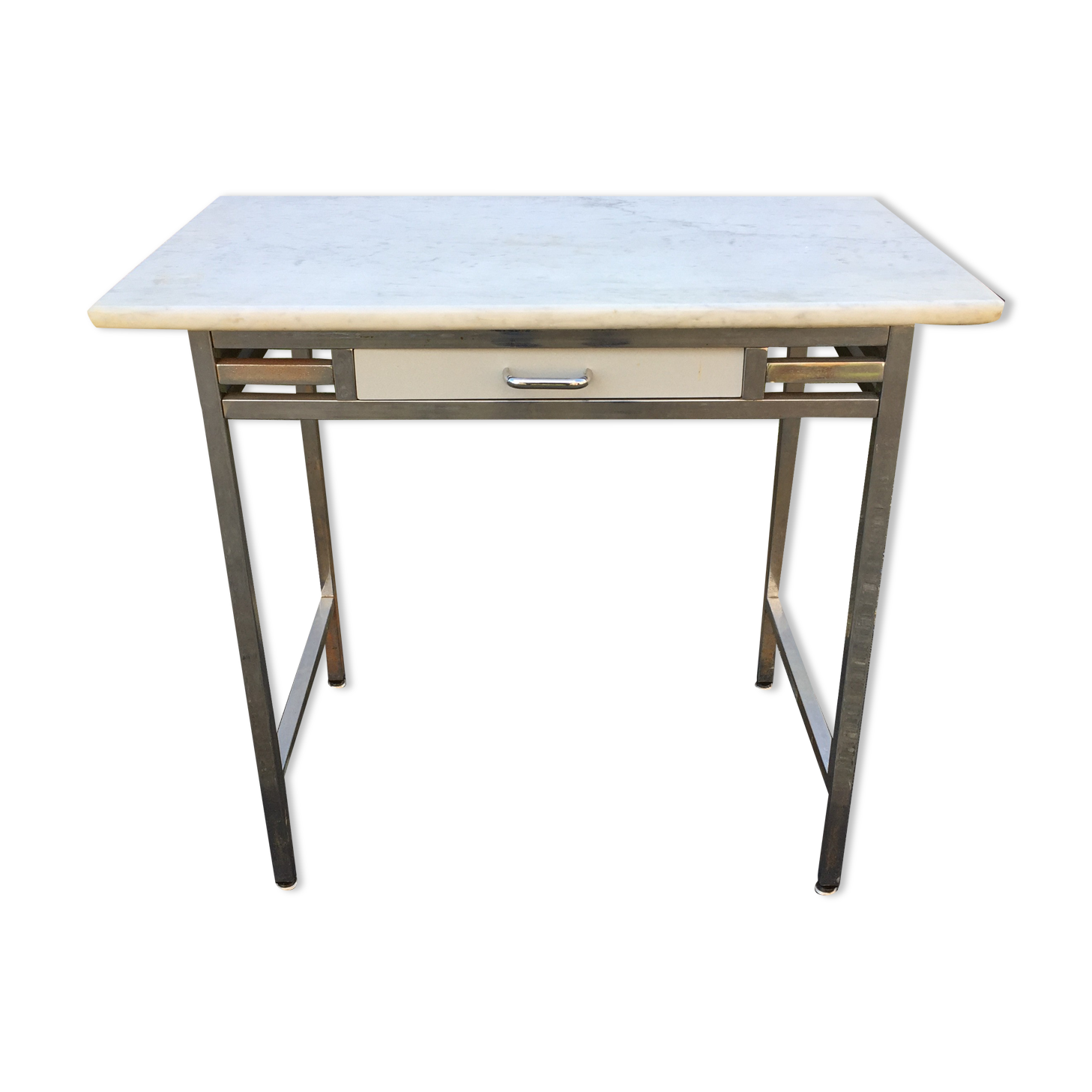 Vintage table with square chrome tubular metal base and marble top with 1 drawer.