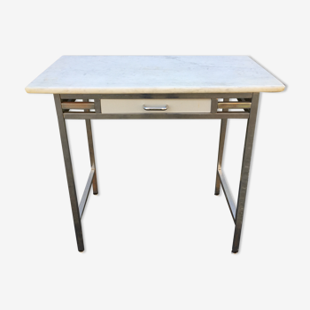 Vintage table with square chrome tubular metal base and marble top with 1 drawer.