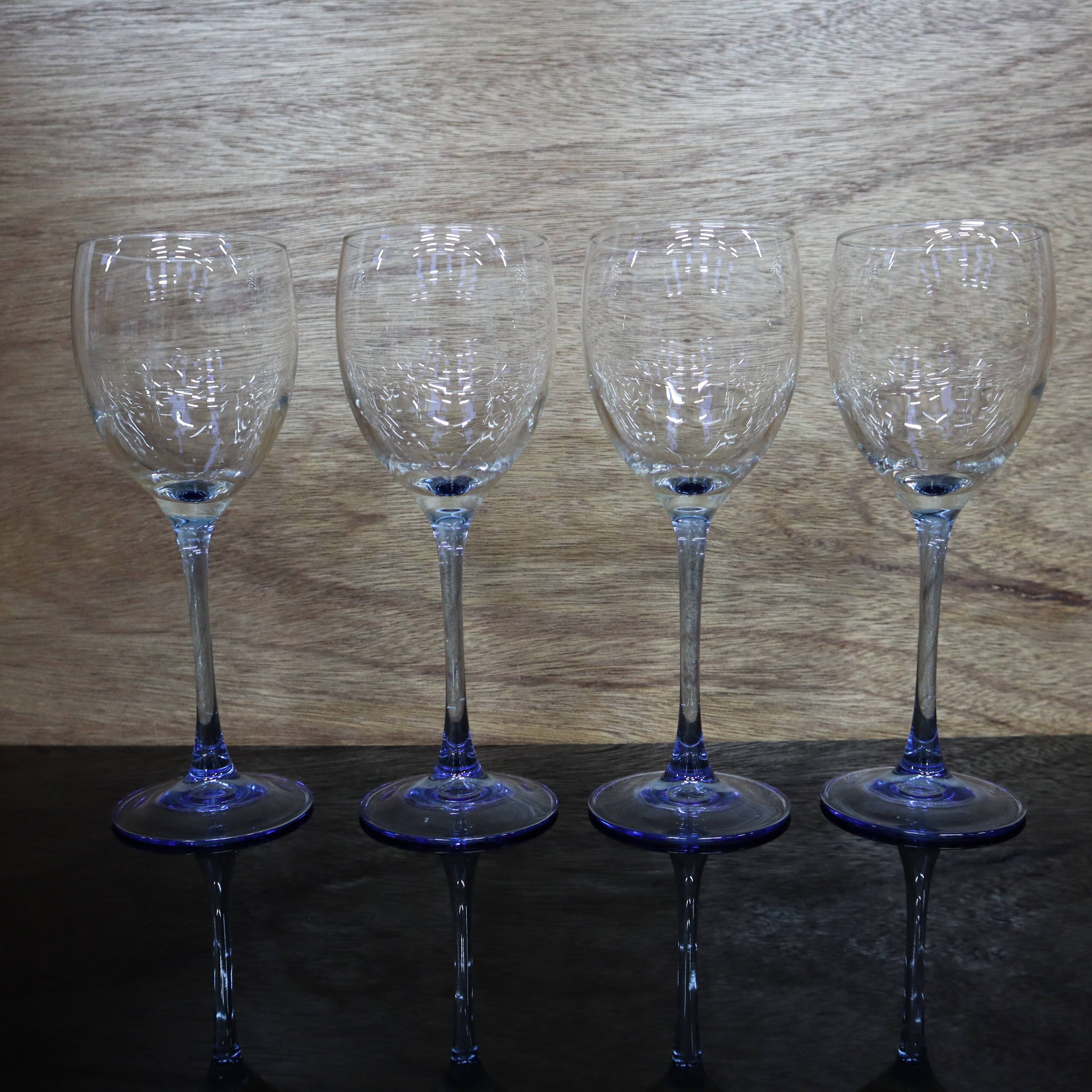 4 Luminarc red wine glasses with blue stem Azur France