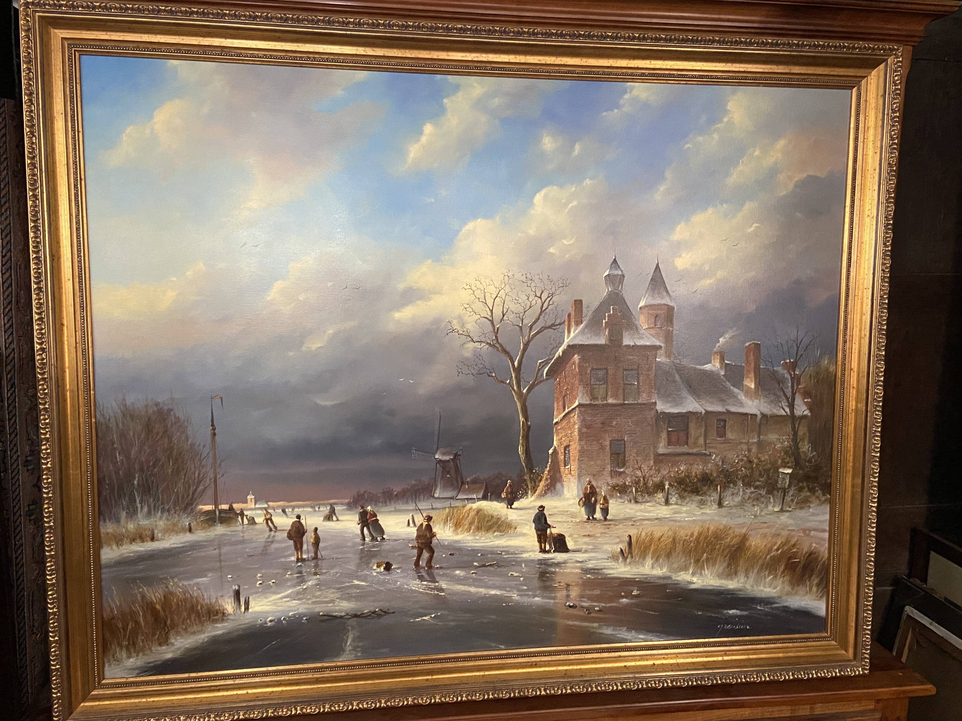 Huge oil painting on canvas Dutch school winter landscape 164x132