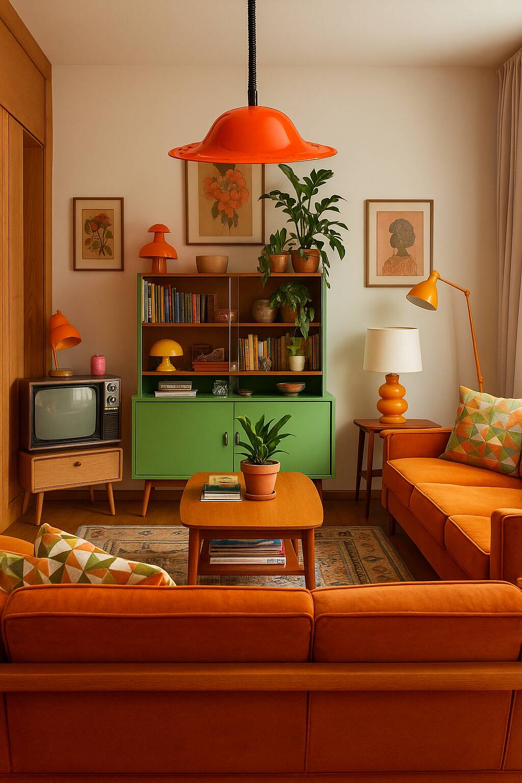 Vintage orange enameled metal pendant light – space age design – 1970s