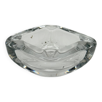 Vintage glass ashtray with faceted corners, square shape.