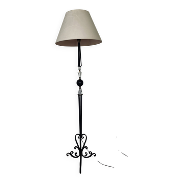 1950s floor lamp - wrought iron, gilded brass, and Sèvres crystal