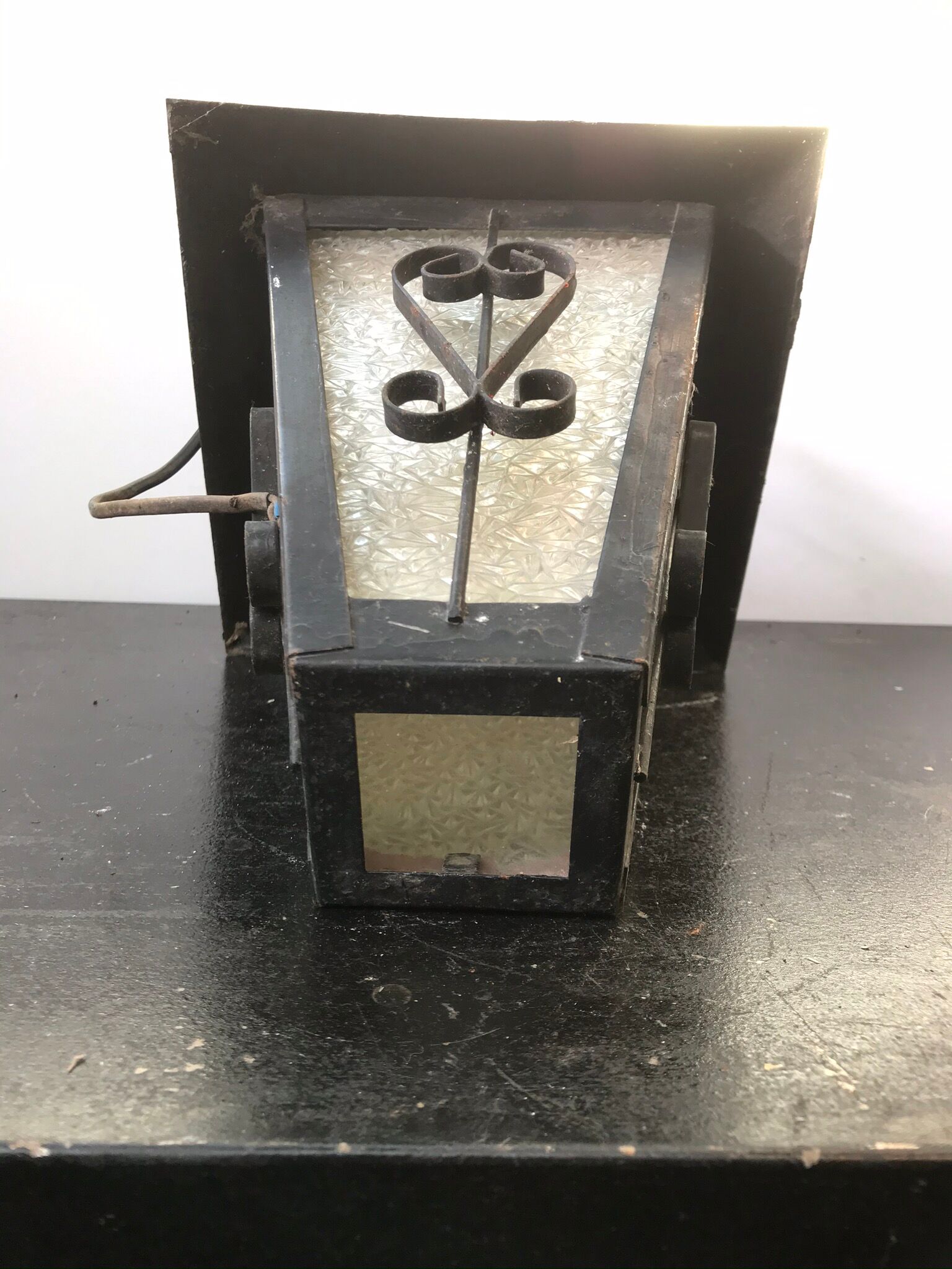 Suspension Old Lantern Metal Black - Vintage 70s Moulded Glass