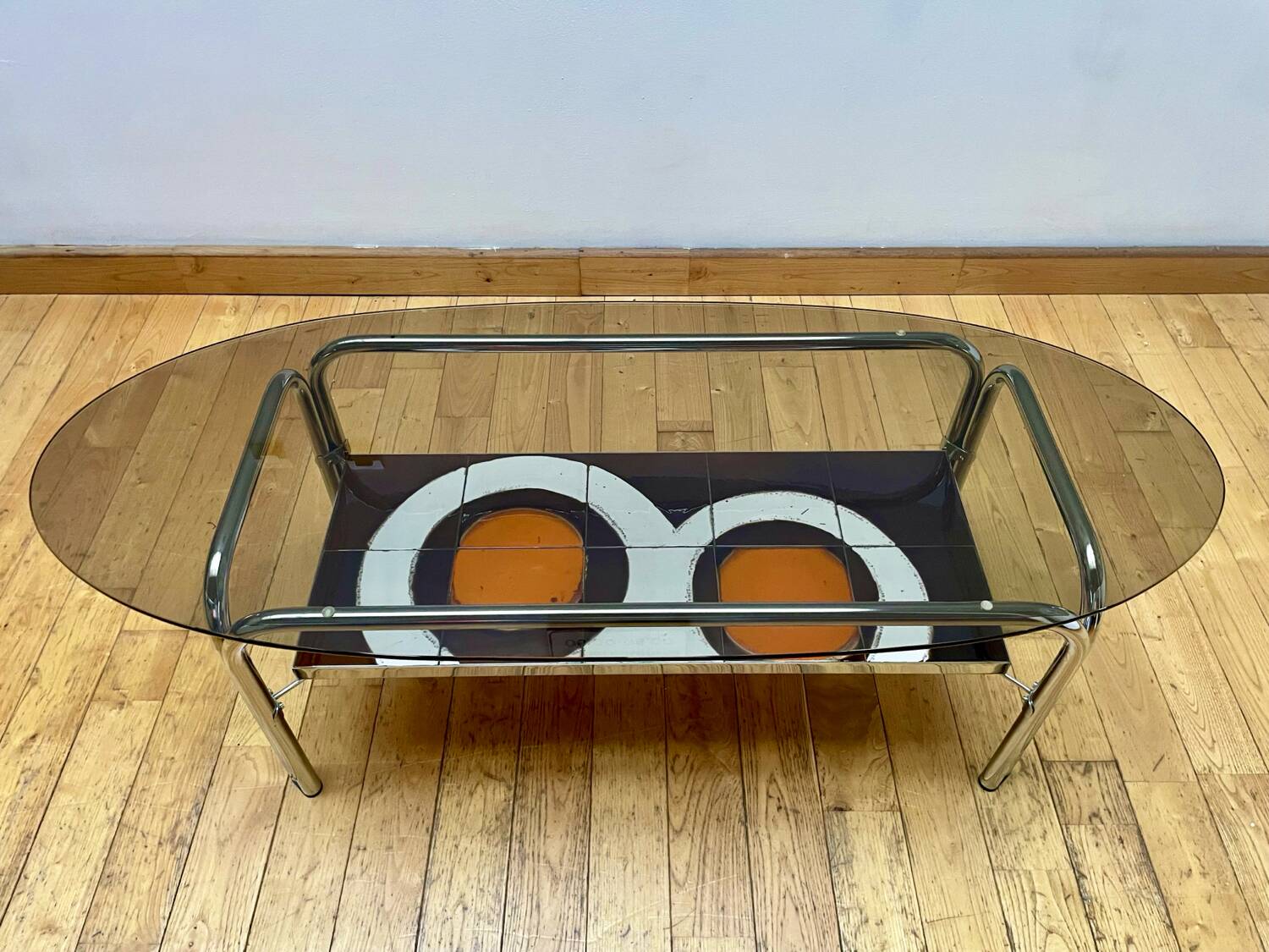 Vintage coffee table in smoked glass and ceramic