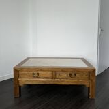 Table basse vintage en bois (chêne massif) et marbre