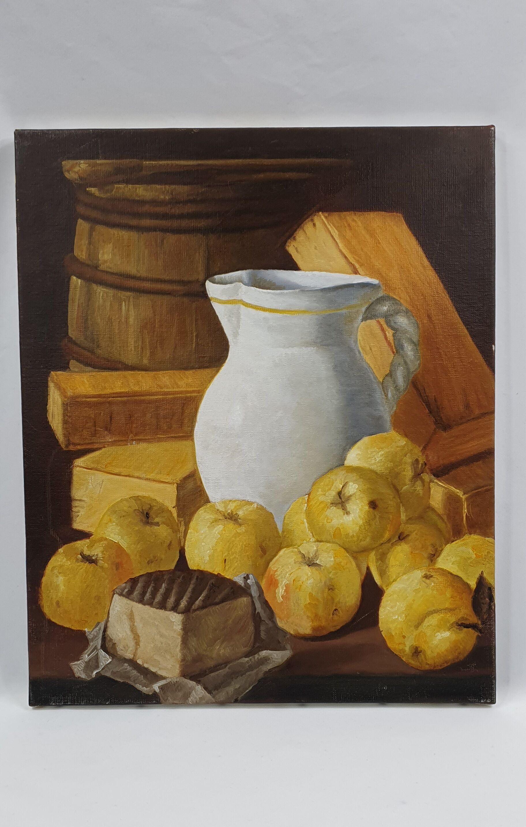 Oil on canvas still life not signed apples pitcher kitchen