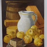 Oil on canvas still life not signed apples pitcher kitchen