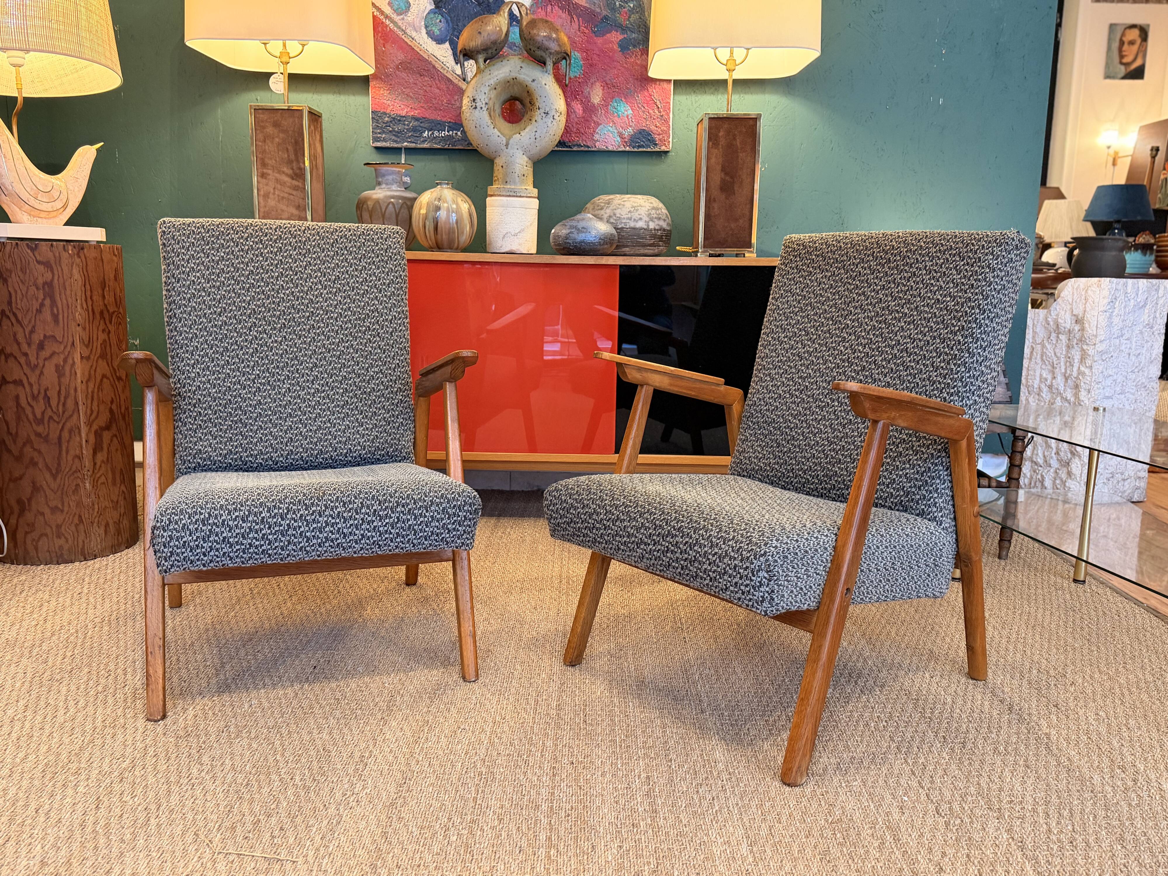 Pair of vintage oak armchairs, original fabric and seat.