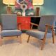 Pair of vintage oak armchairs, original fabric and seat.