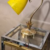 Lampe acier doré avec tulipe pate de verre jaune marbré ancienne,