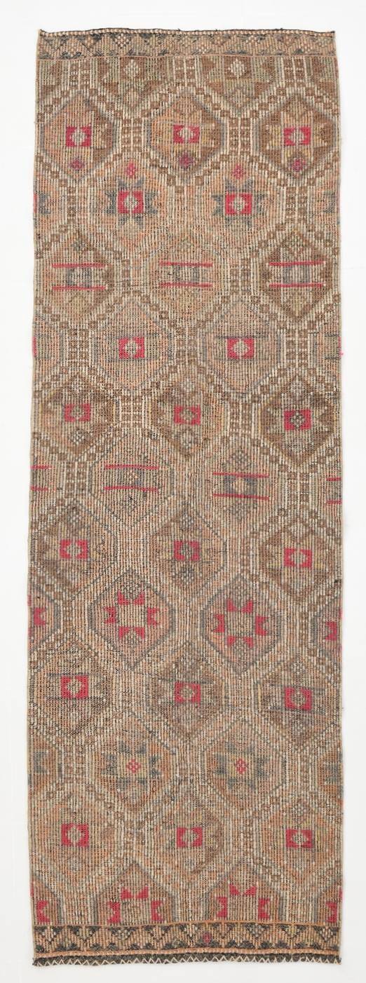 3x9 Faded Brown & Red Geometric Style Rug, Vintage Kilim Rug, 92x280Cm
