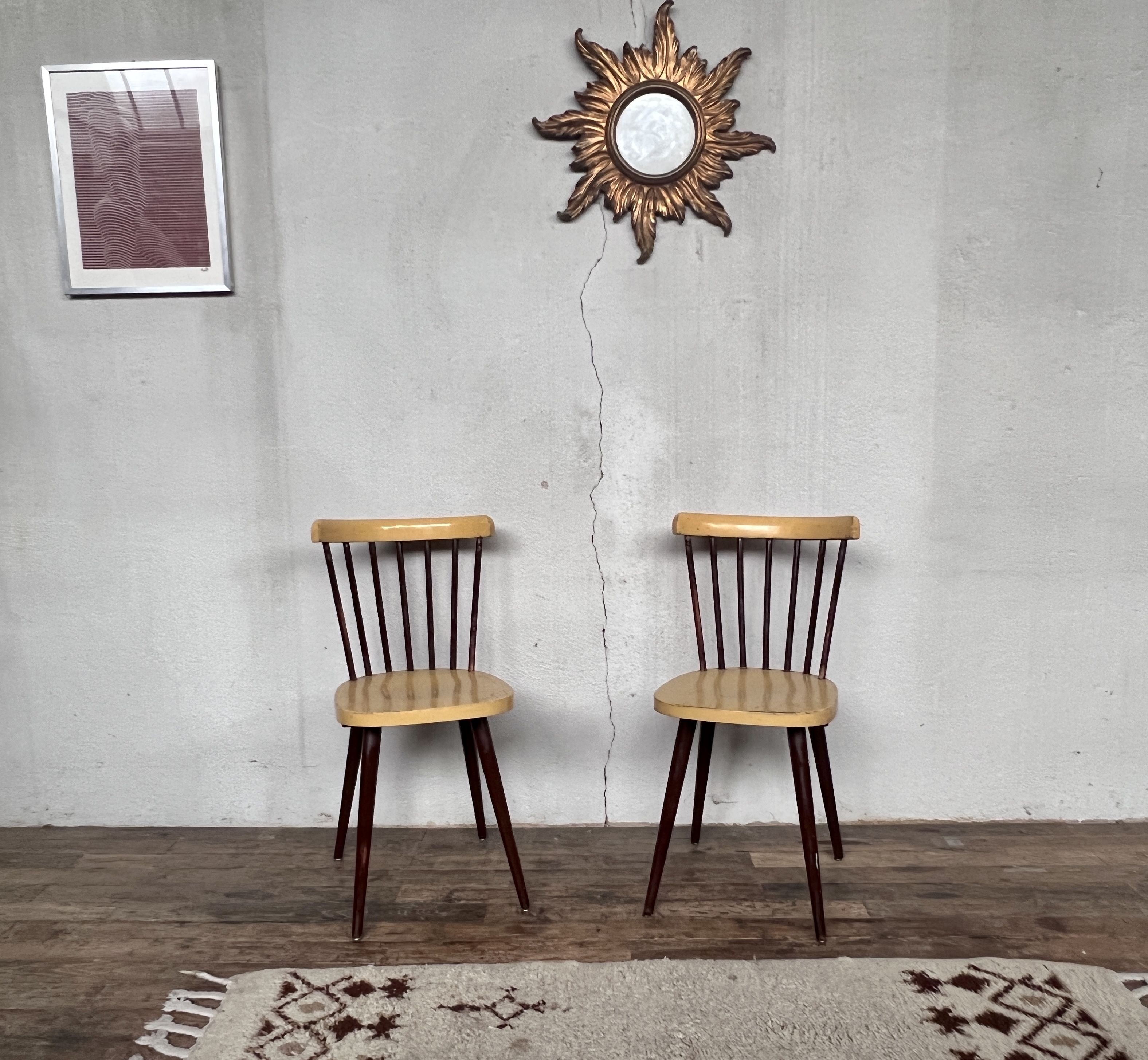 Pair of Baumann bistrot troquet chairs in yellow and brown wood