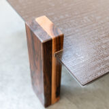 Handcrafted coffee table with ceramic glass top and walnut legs