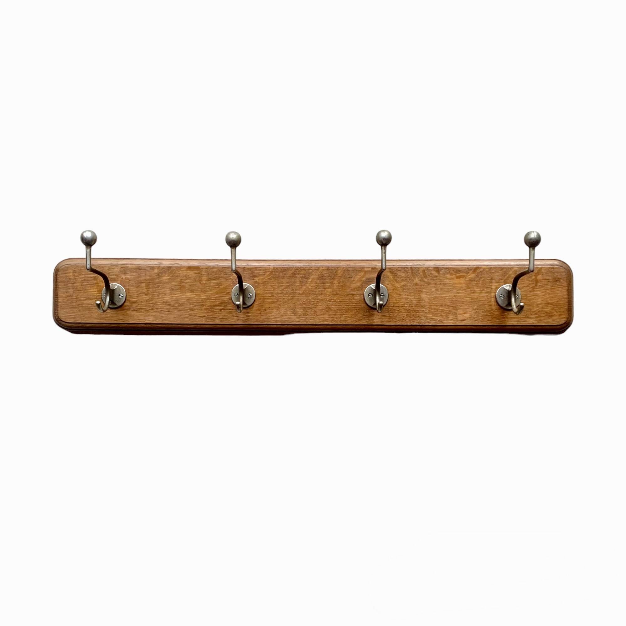 Vintage wooden wall coat rack - 4 steel hooks
