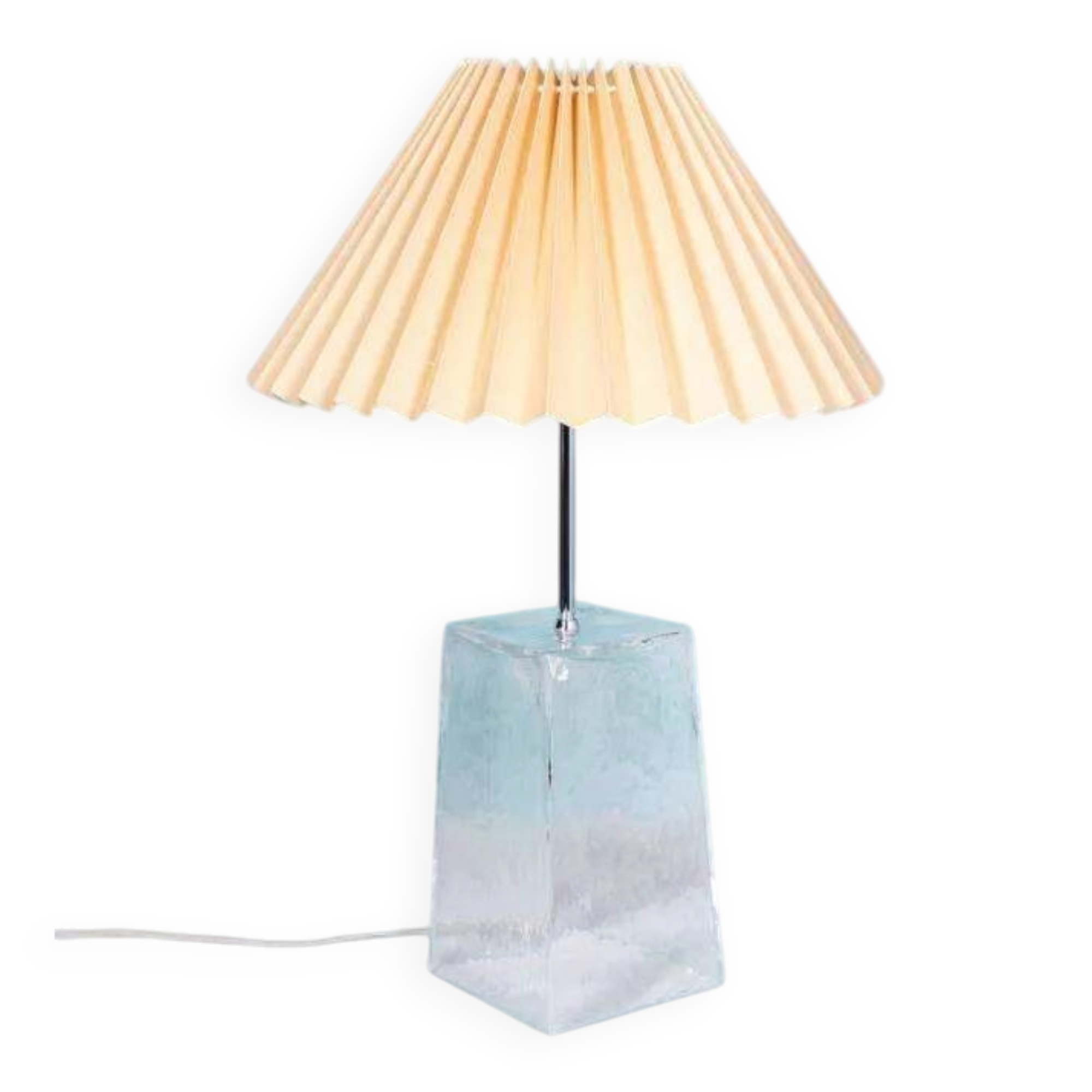 Minimalist glass table lamp from the 80s with a pleated shade.