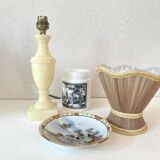 Varnished alabaster lamp, new fabric cable, mesh lampshade