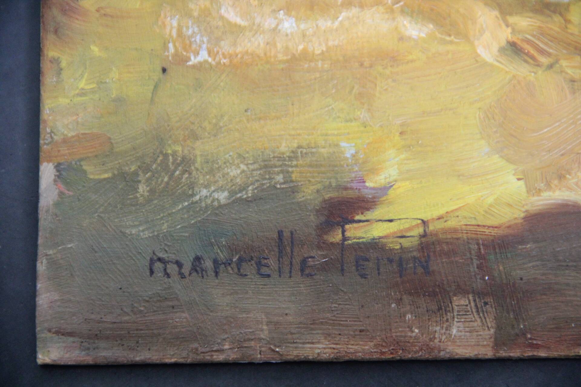 Oil painting on cardboard: cart in the countryside