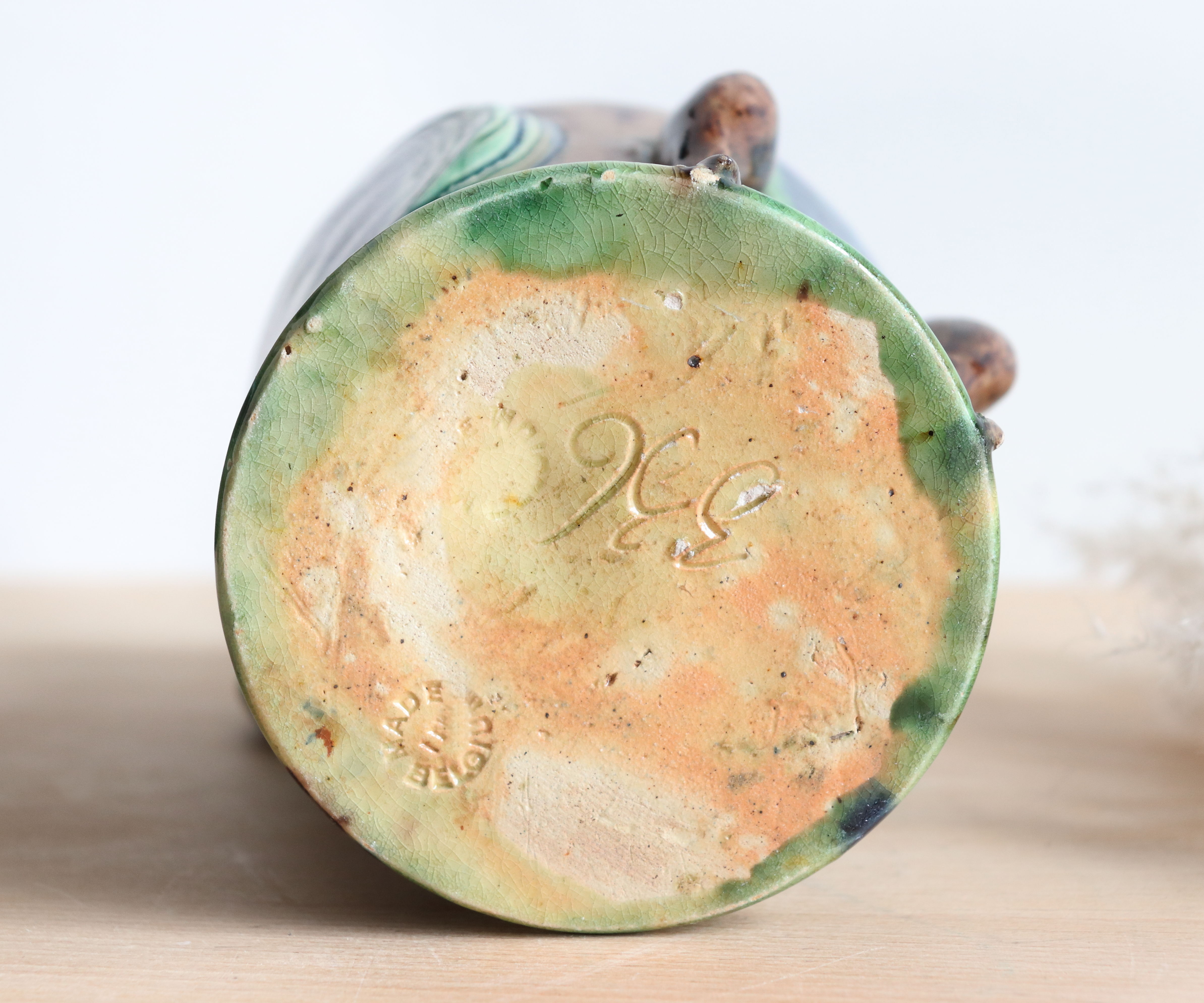 Zoomorphic ceramic owl vase in Flanders earth, Torhout Belgium, Art Nouveau period