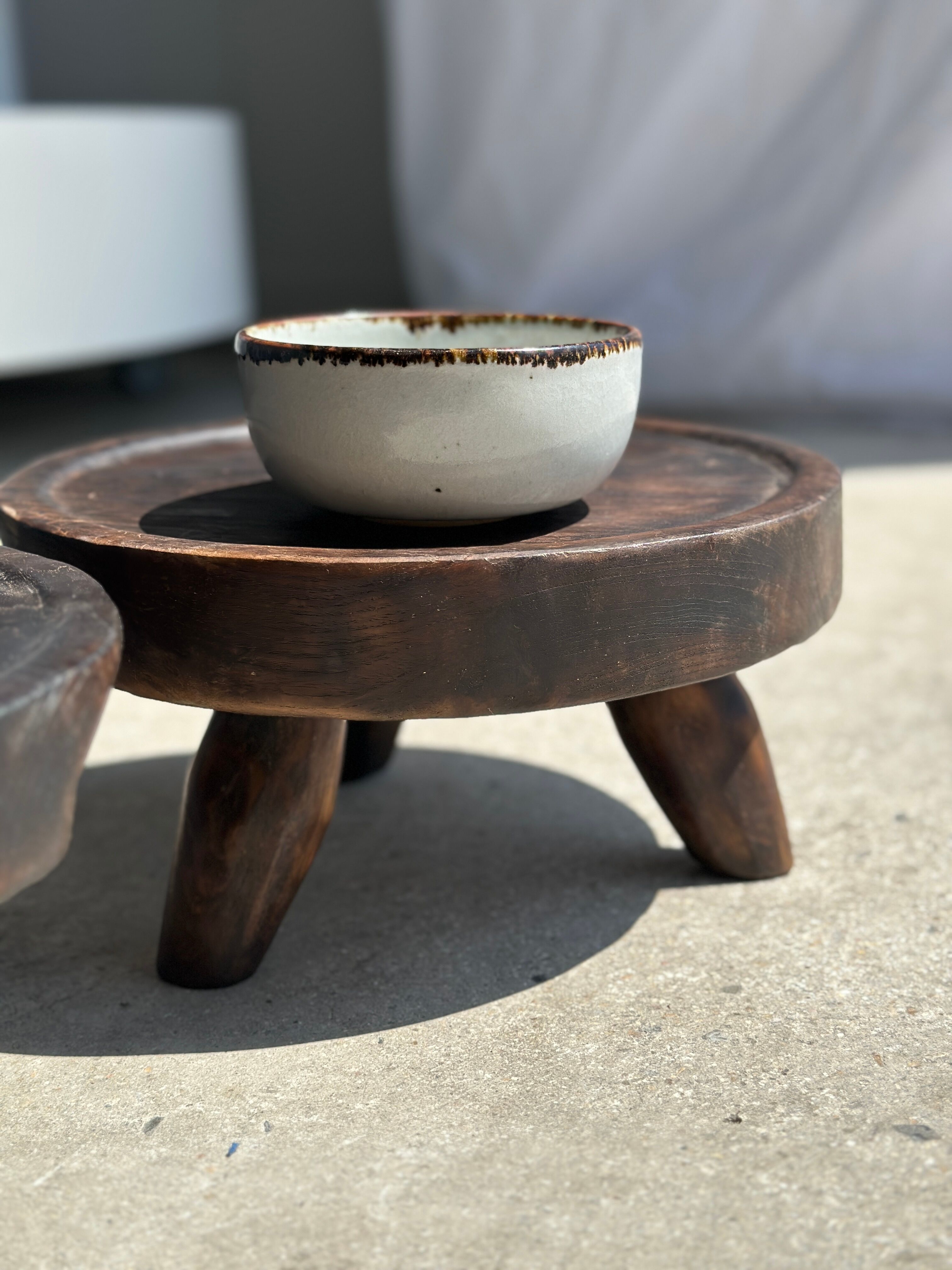 Small tripod stool low in dark brown upcycled teak