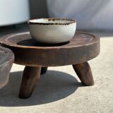 Small tripod stool low in dark brown upcycled teak