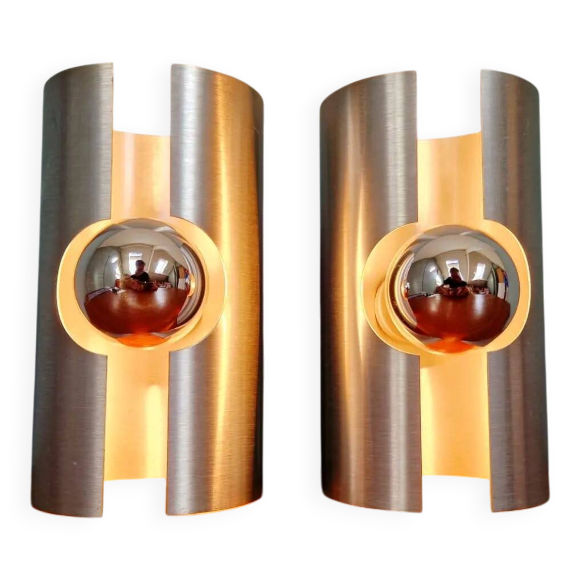 Pair of Space Age wall sconces in brushed aluminium, 1970.
