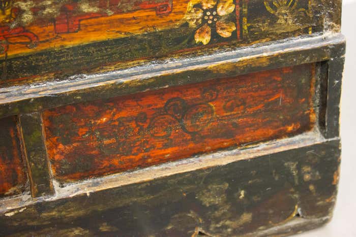 Brown and gold lacquered Chinese chest decorated with flowers circa 1900
