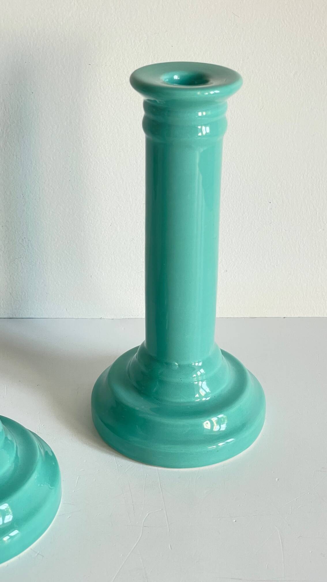 Pair of vintage ocean blue ceramic candlesticks