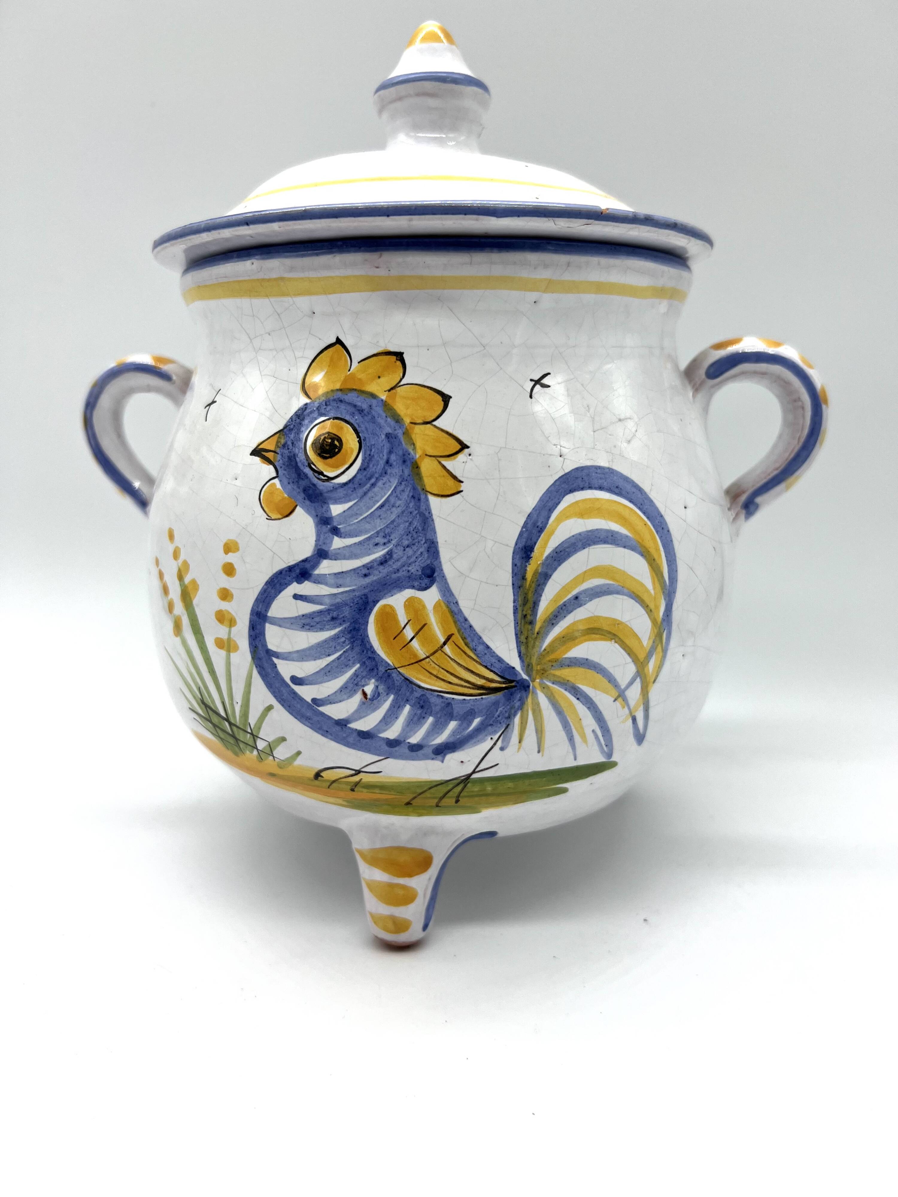 Covered earthenware pot with rustic decor – rooster motif – 20th century