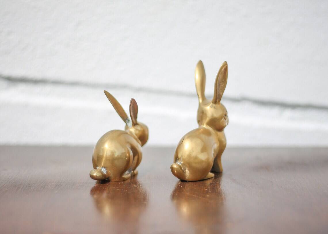 Pair of brass rabbit, rabbit statue, brass animal, rabbit figurine, collection, rabbit, brass rabbit