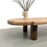 XXL oval coffee table in solid oak, cylindrical base, 1950s.