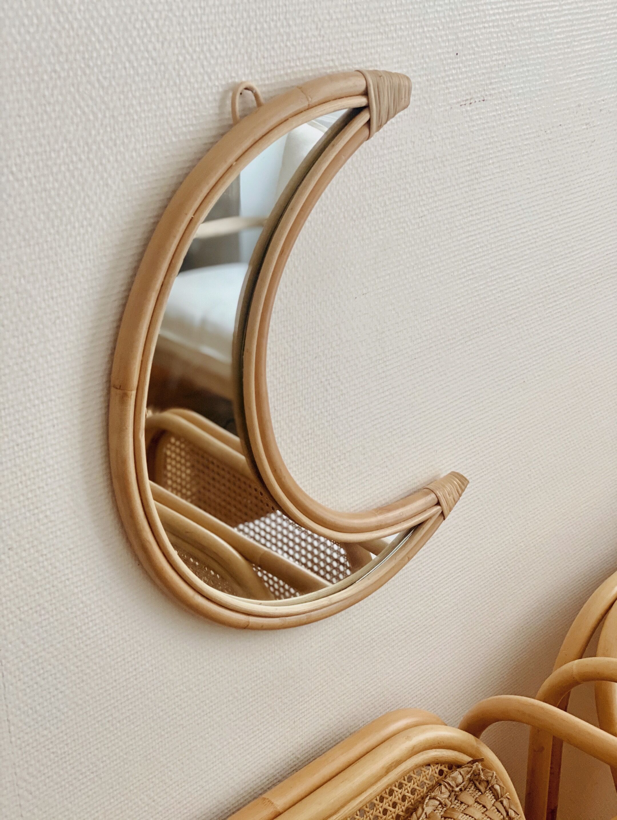Rattan moon mirror and vintage bohemian cannage