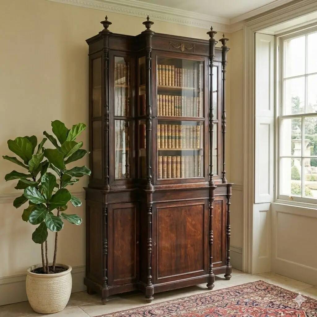 Antique rosewood library, neoclassical decorations, 19th century